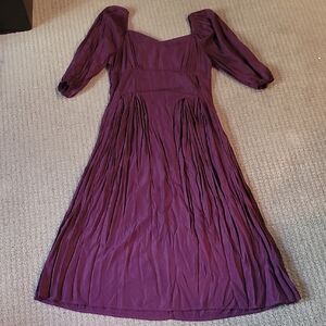 Purple Tea Length Puff Sleeve Dress